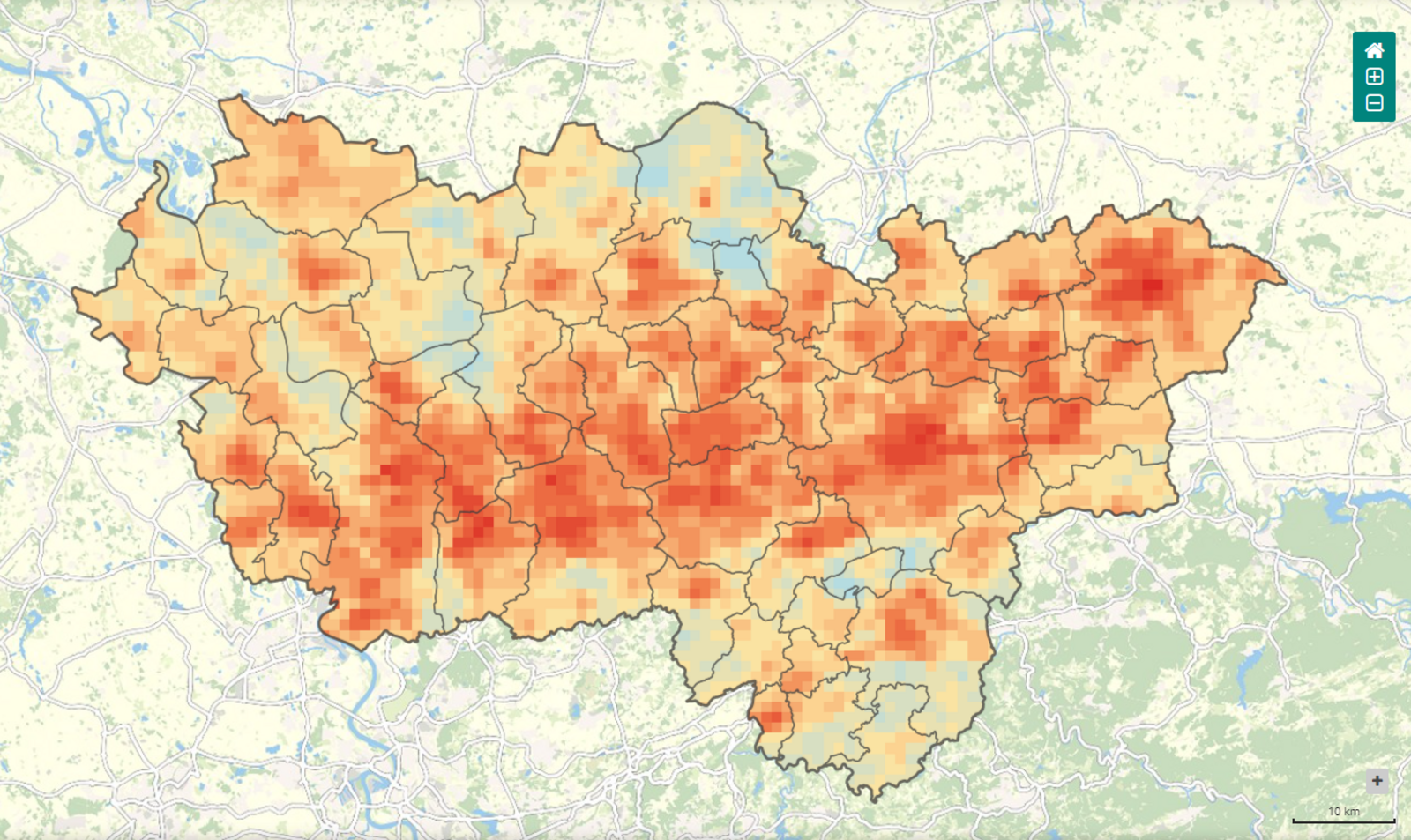 Abbildung aus der WebMap grüne Infrastruktur, stark erhitzte Bereich werden rot dargestellt, kühle Bereichere blau
