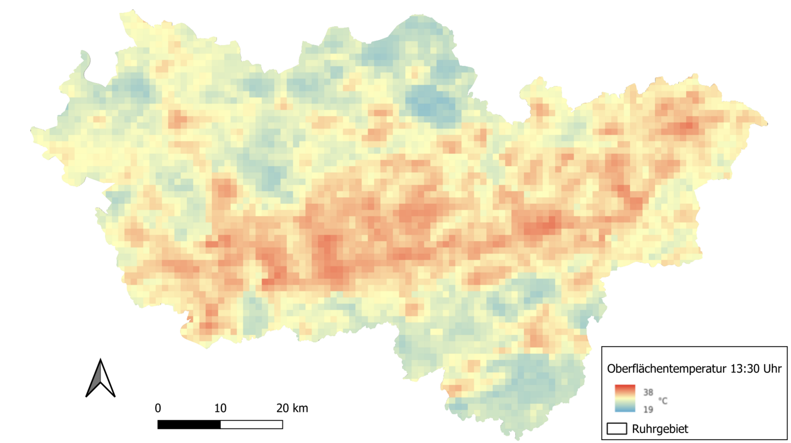 Abbildung aus der WebMap grüne Infrastruktur, stark erhitzte Bereich werden rot dargestellt, kühle Bereichere blau