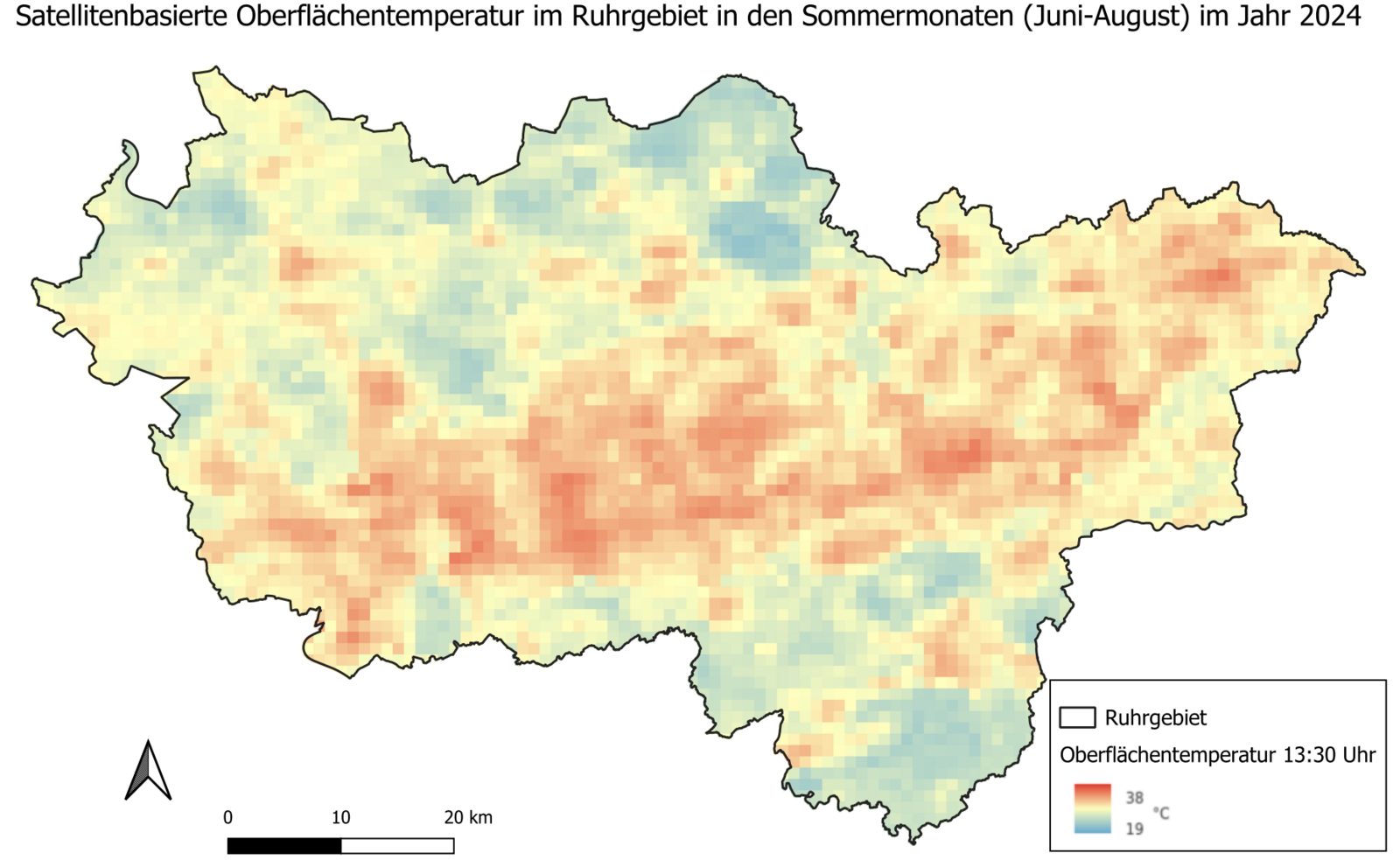 Abbildung aus der WebMap grüne Infrastruktur, stark erhitzte Bereich werden rot dargestellt, kühle Bereichere blau