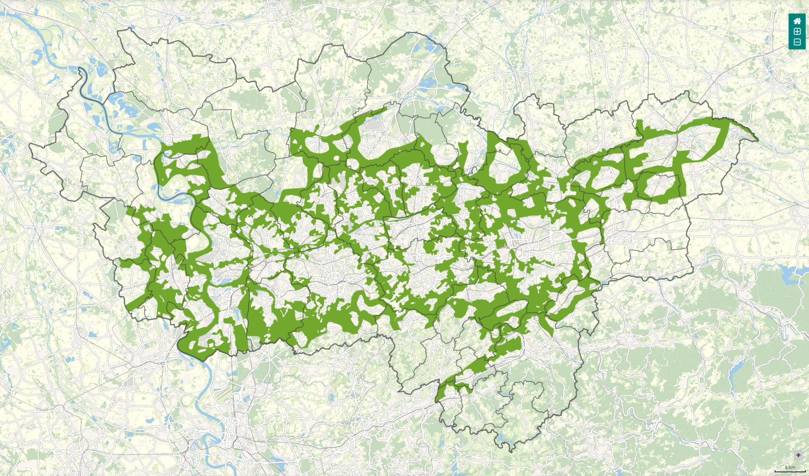 Screenshot der Kartenanwendung WebMap Grüne Infrastruktur, dargestellt sind die regionalen Grünzüge in der Metropole Ruhr