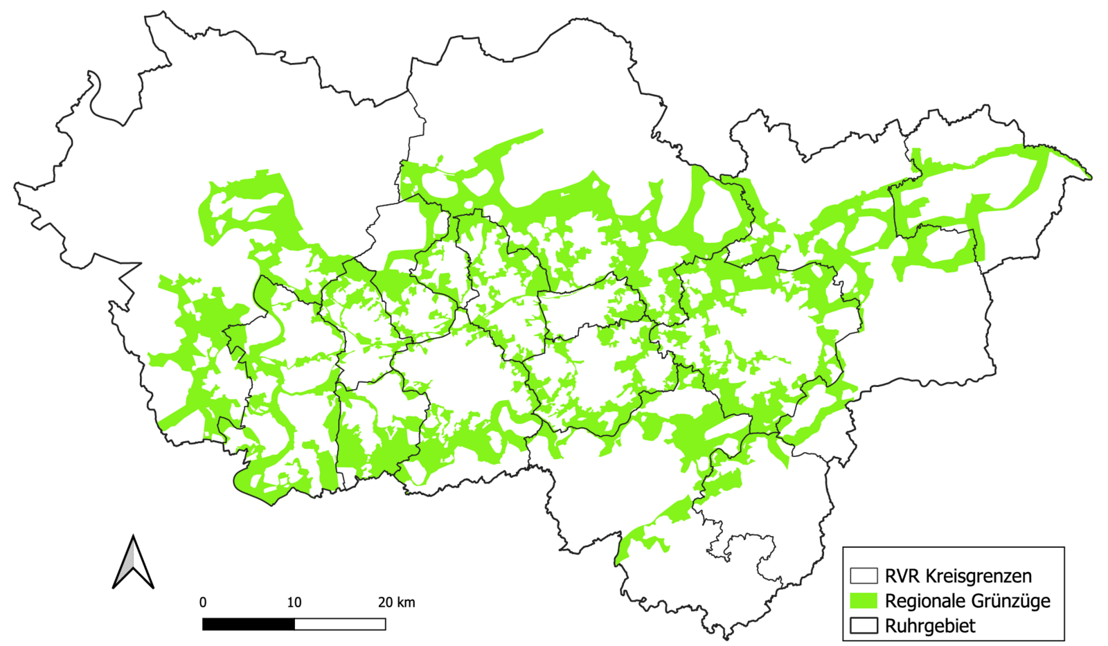 Screenshot der Kartenanwendung WebMap Grüne Infrastruktur, dargestellt sind die regionalen Grünzüge in der Metropole Ruhr