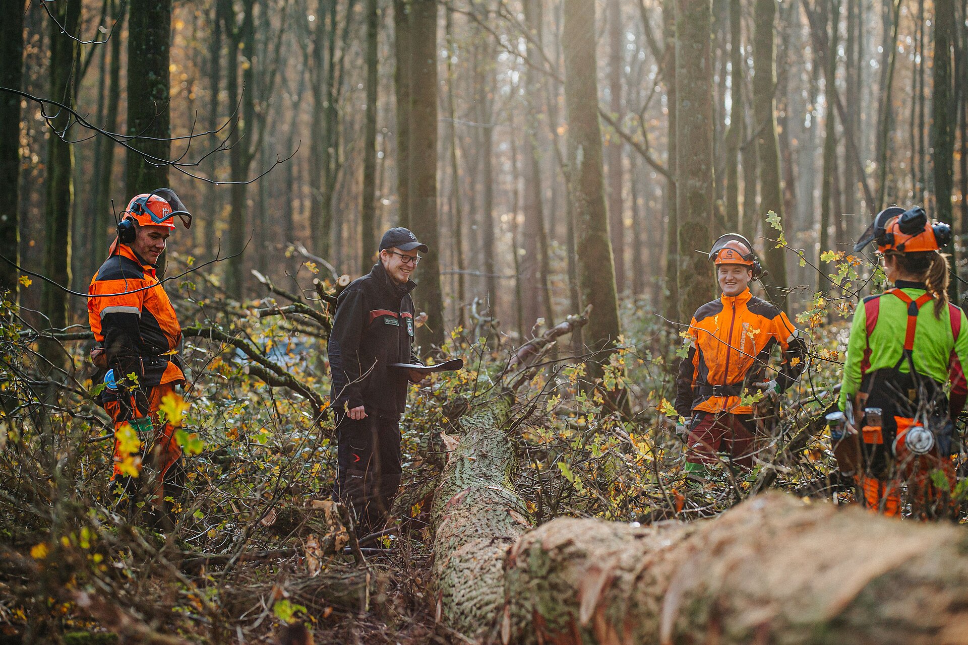 Ausbildungsgespräch zur Qualitätssortierung des Eichenholzes mit RVR-Revierleiter Frederik Vollmer (Mitte) und Auszubildenden zum Forstwirt im Dezember 2020 im RVR-Waldgebiet Haard.