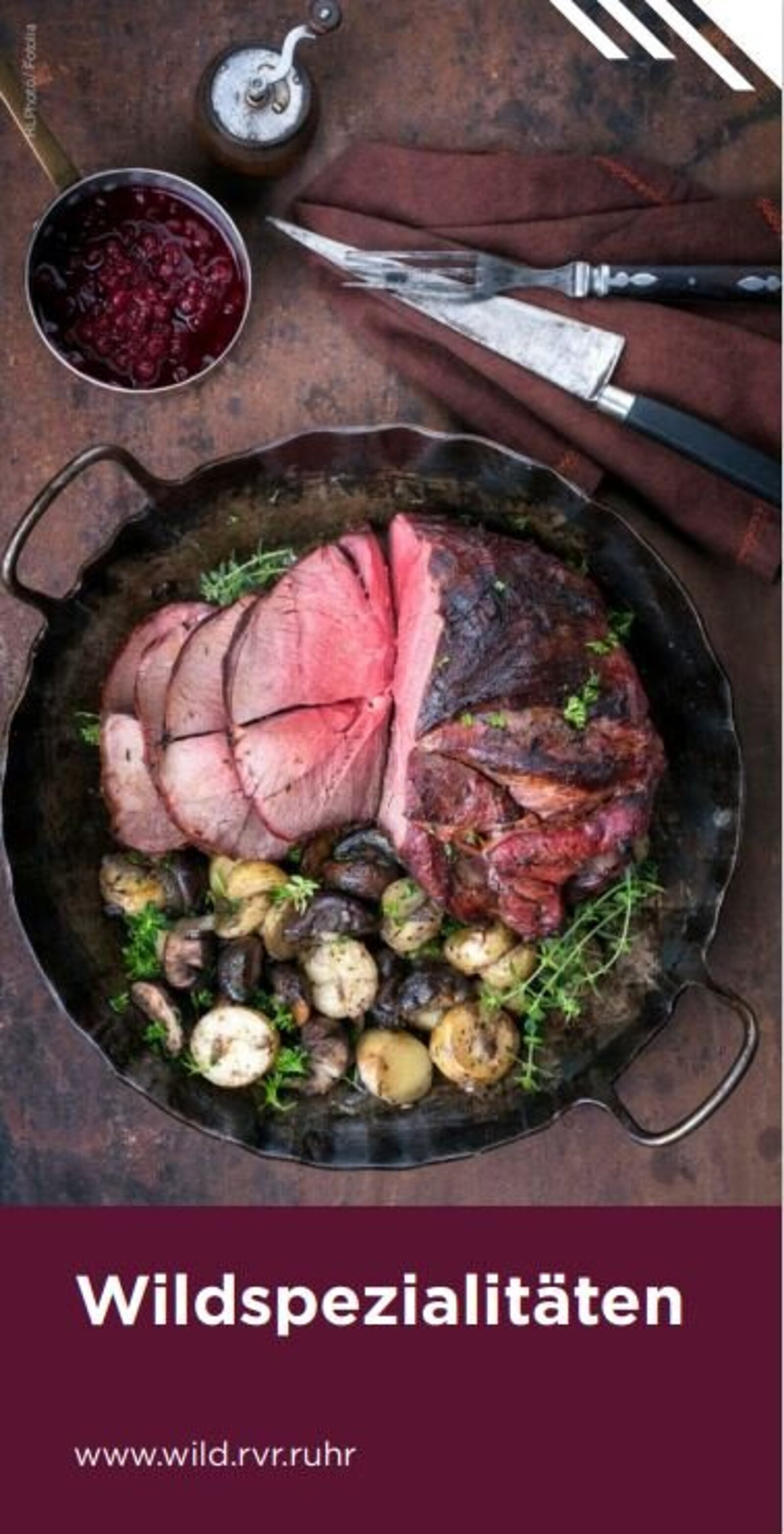 Titelblatt mit Kochtopf, gefüllt mit Wildbraten und Pilzen
