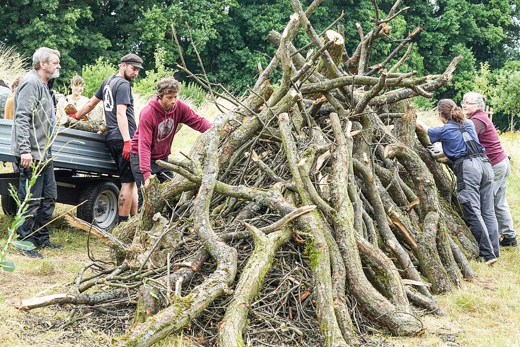 Menschen bauen einen großen Haufen aus dicken Ästen