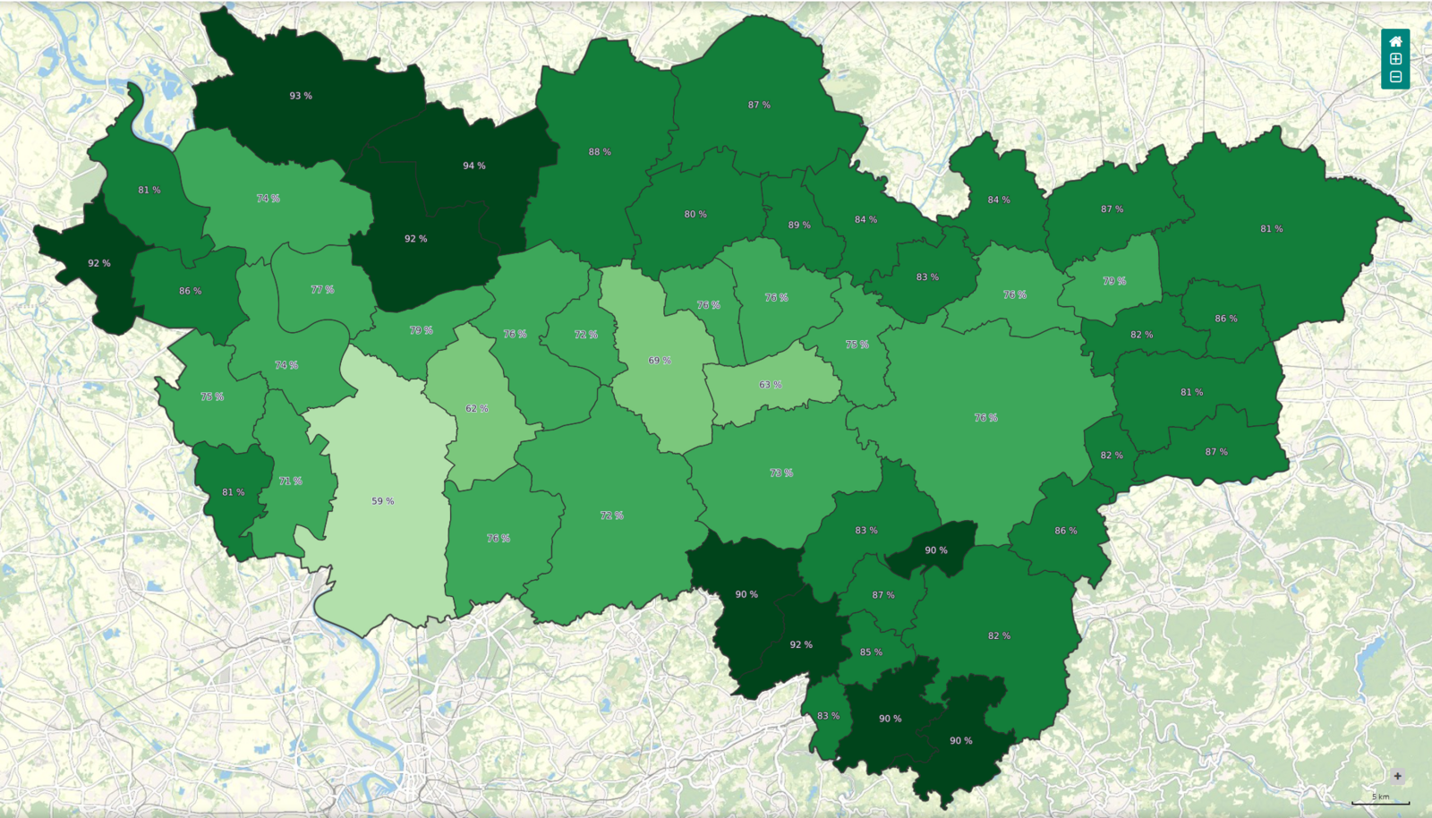 Screenshot der WebMap, dargestellt ist der prozentuale Vegetationsanteil an der Gesamtfläche der Kommune in Grüntönen