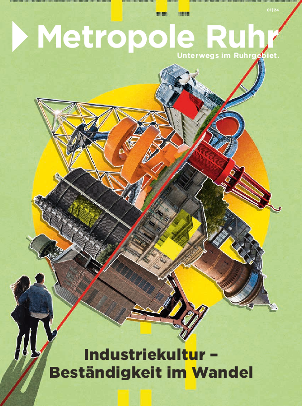 Cover der Aprilausgabe: Das Bild zeigt bekannte Orte aus dem Ruhrgebiet wie das Gasometer oder das Tetraeder. 