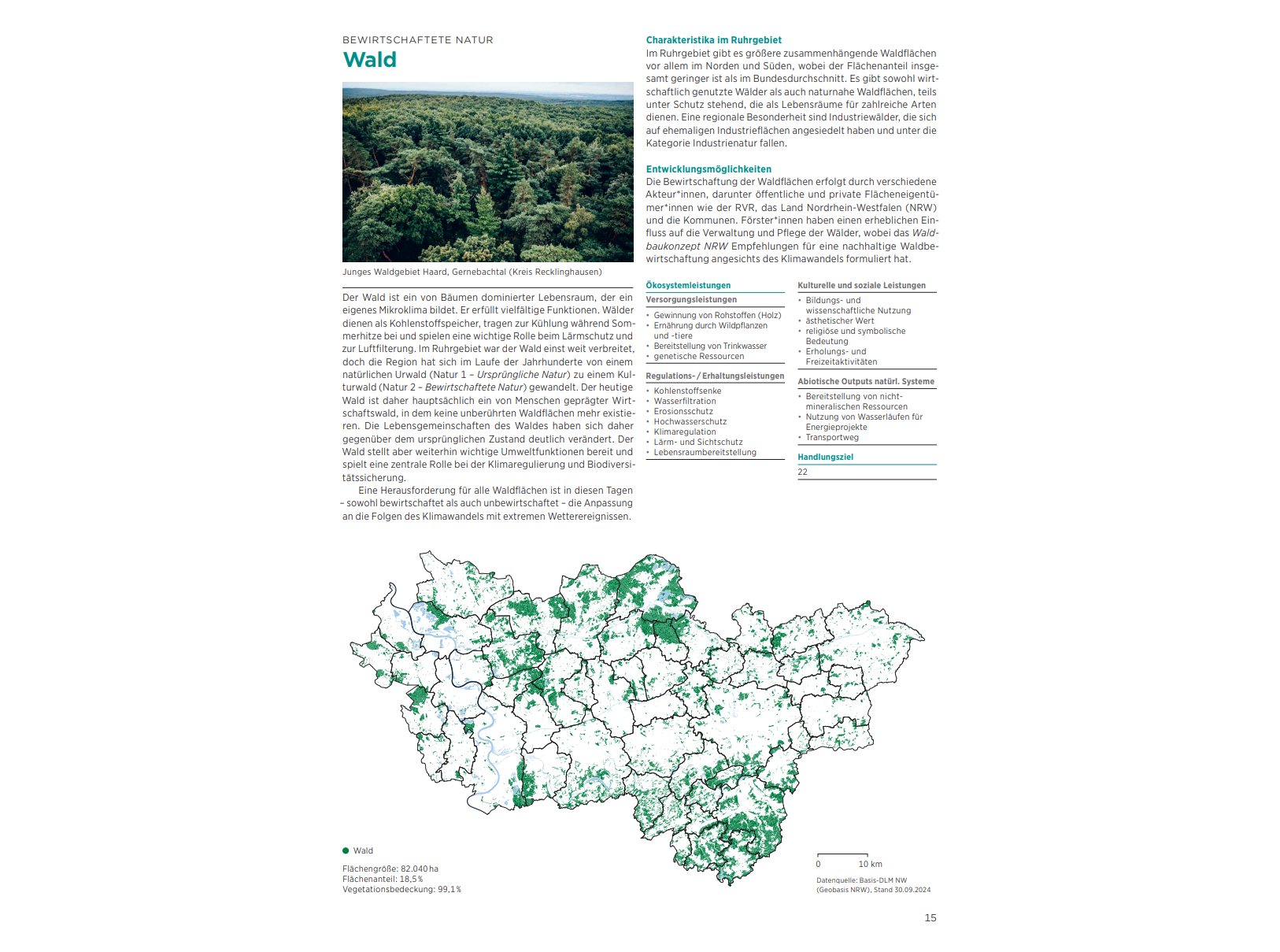Seite aus dem Katalog Grüne Infrastruktur mit Waldfoto, erläuternden Textspalten und einer Karte des Ruhrgebiets mit grün markierten Waldflächen.