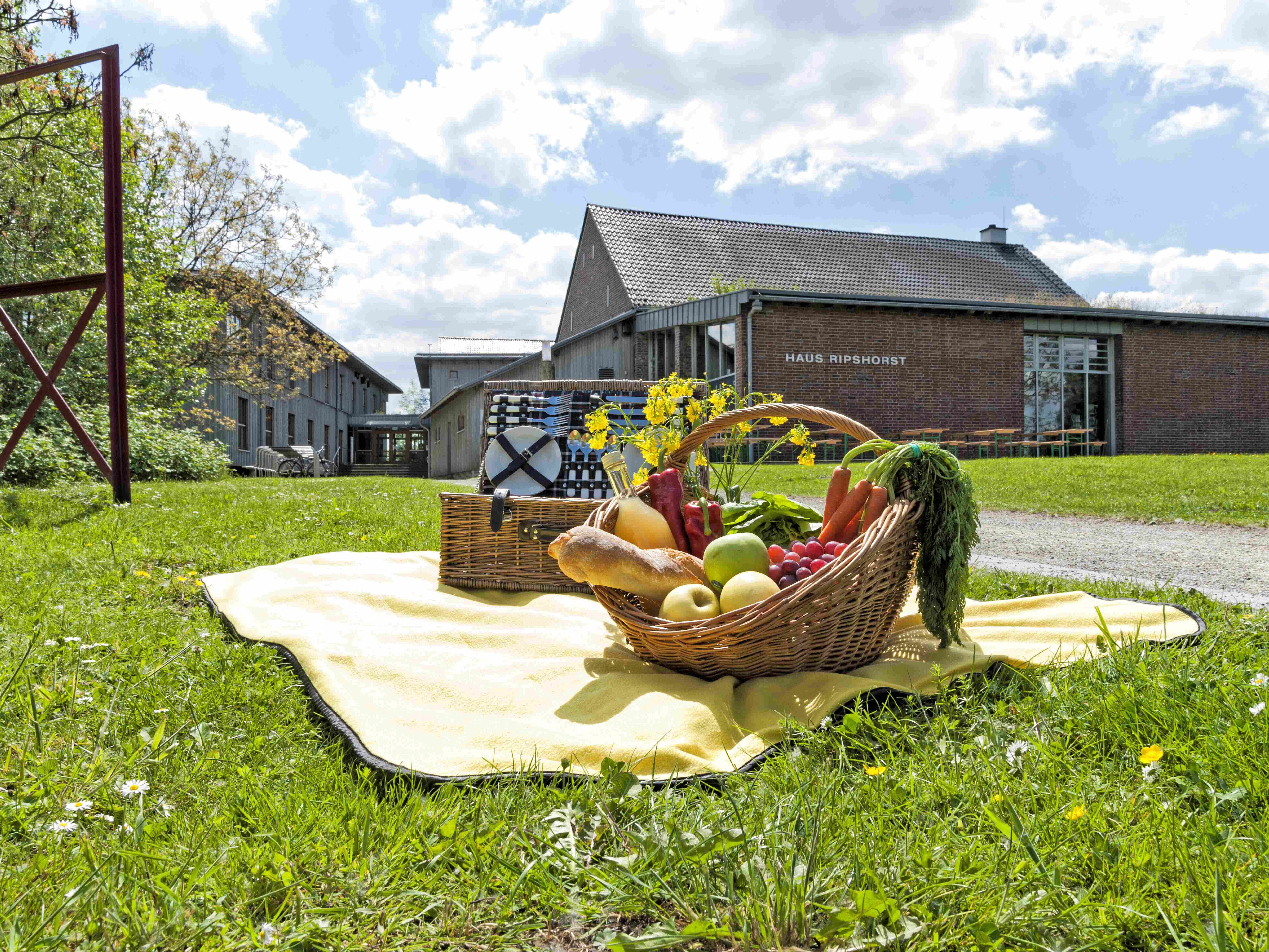 Ein Picknick mit Obst und ein Korb mit Geschirr auf einer Decke vor dem Haus Ripshorst