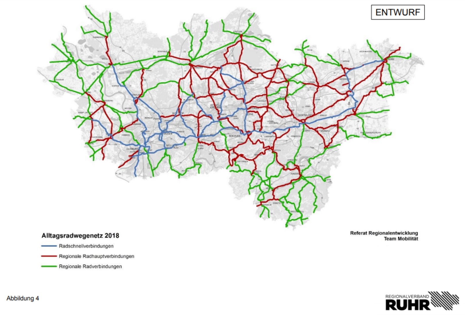 Karte - Regionales Radwegenetz mit Hierarchie. Abb. RVR
