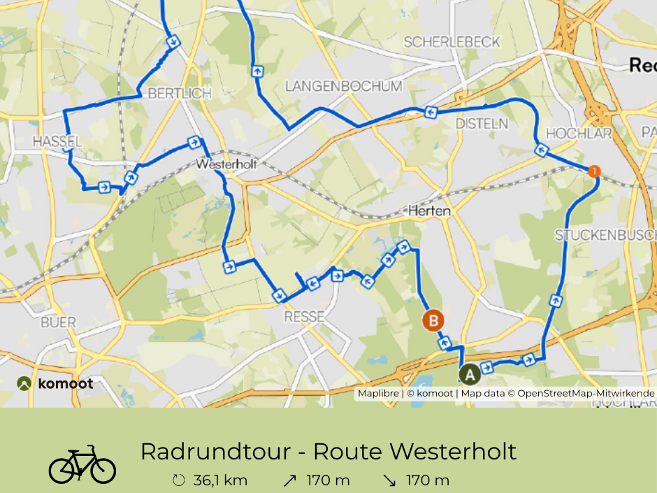 Auf dem Bild ist die geplante Routenführung der Fahrradtour auf einer Karte  mit einem Bereich rund um Herten mit seinen Stadtteilen u.a. durch Westerholt zu sehen. Die Strecklenlänge ist 36,1km mit 170 Meter Steigung und 170 Meter Gefälle.
