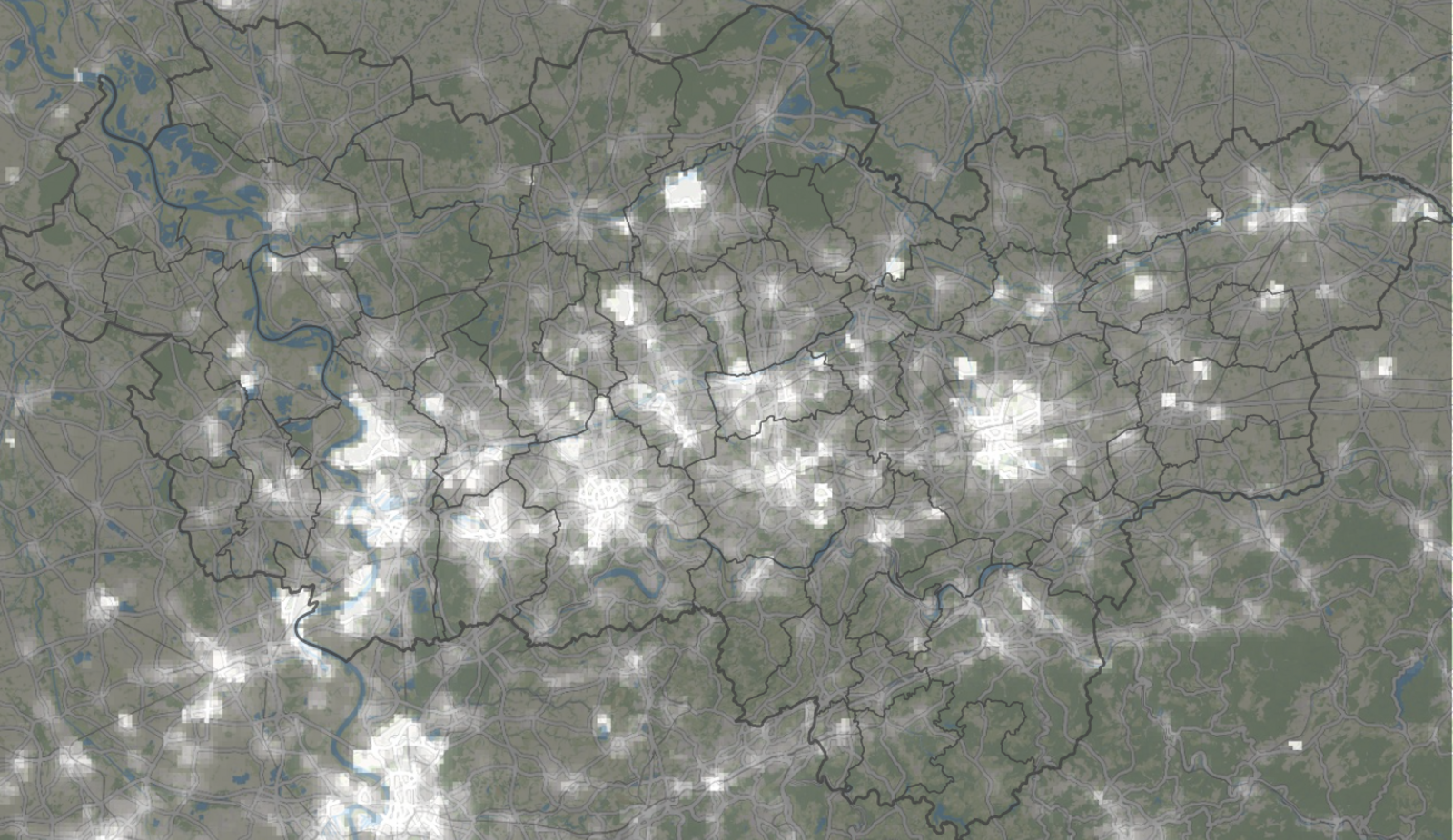 Screenshot der WebMap Grüne Infrastruktur, der die nächtlichen Lichtemissionen in der Metropole Ruhr als Raster von hell bis dunkel darstellet