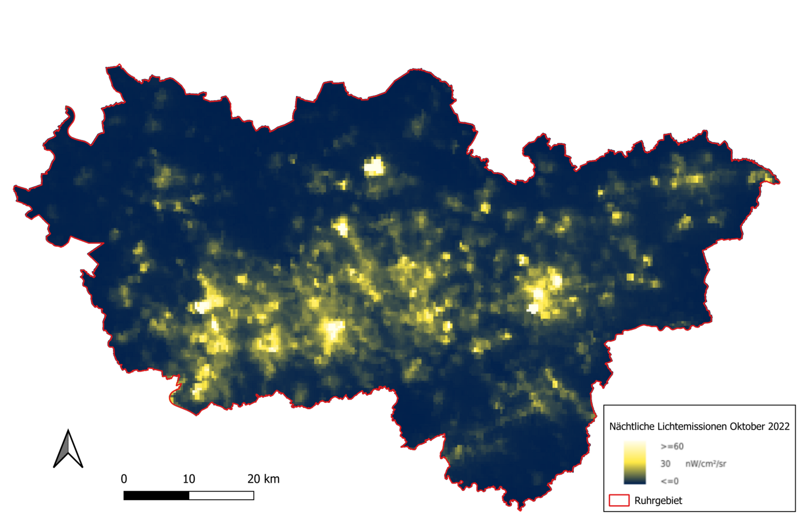 Screenshot der WebMap Grüne Infrastruktur, der die nächtlichen Lichtemissionen in der Metropole Ruhr als Raster von hell bis dunkel darstellet