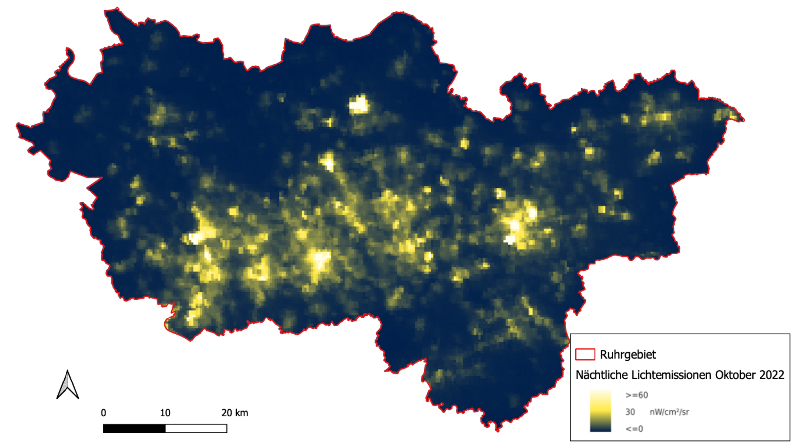 Screenshot der WebMap Grüne Infrastruktur, der die nächtlichen Lichtemissionen in der Metropole Ruhr als Raster von hell bis dunkel darstellet