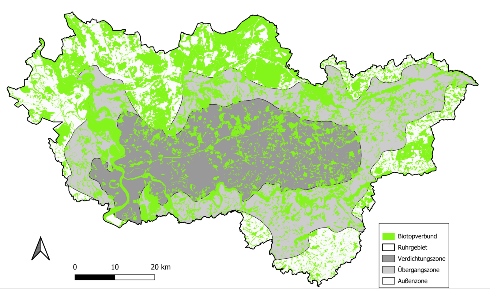 Karte der Metropole Ruhr, in grün dargestellt die Biotopverbundflächen 