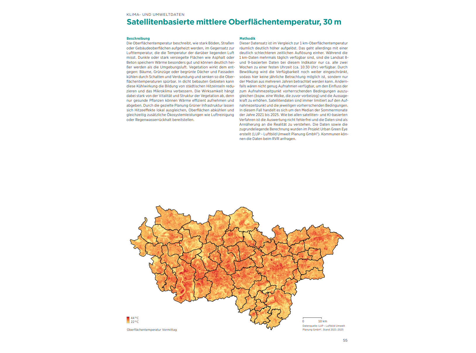Karte des Ruhrgebiets mit gelb bis rot eingefärbten Flächen zur Darstellung unterschiedlicher Oberflächentemperaturen. 