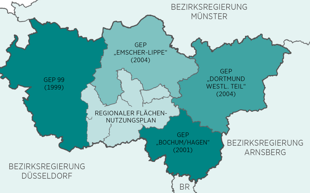 Darstellung der Gebietskulisse des RVR-Verbandsgebietes mit der Abgrenzung von fünf Teilplänen, farblich differenziert.