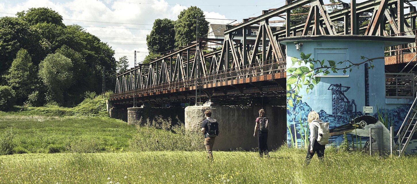 Drei Personen wandern auf einer grünen Wiese entlang einer Bahnstrecke.