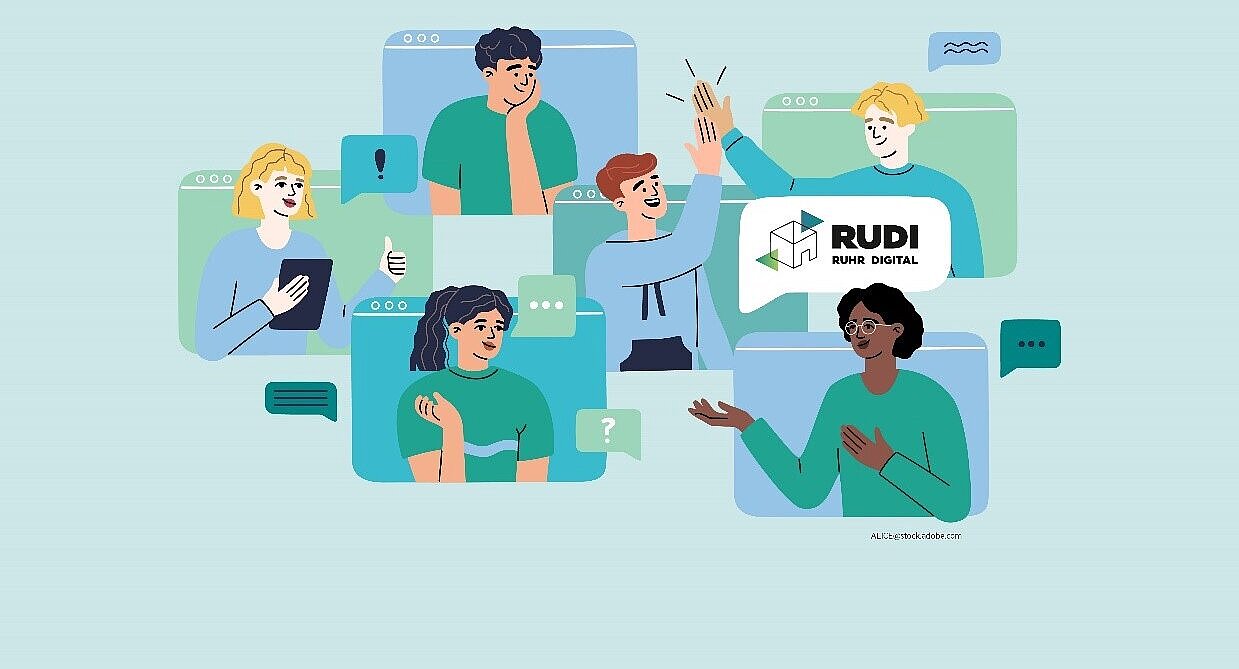 Abbildung: Pictogramme mit Menschen, die über den Bildschirm kommunizieren