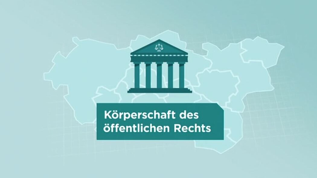 Grafik: Justizgebäude auf Rurhgebietskarte mit der Schrift "Körperschaft des öffentlichen Rechts"