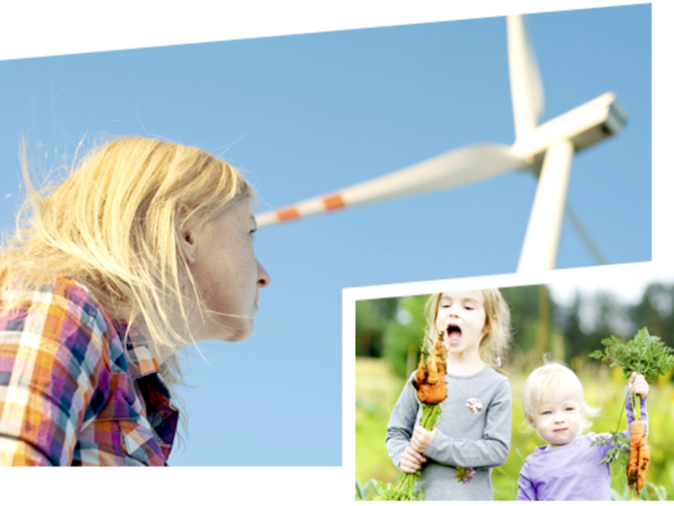 Frau vor Windkraftanlage; Kinder im Garten mit Möhren.