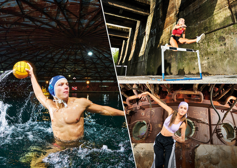 Fotocollage mit Wasserballer, Hürdenläuferin und Streetdancerin 