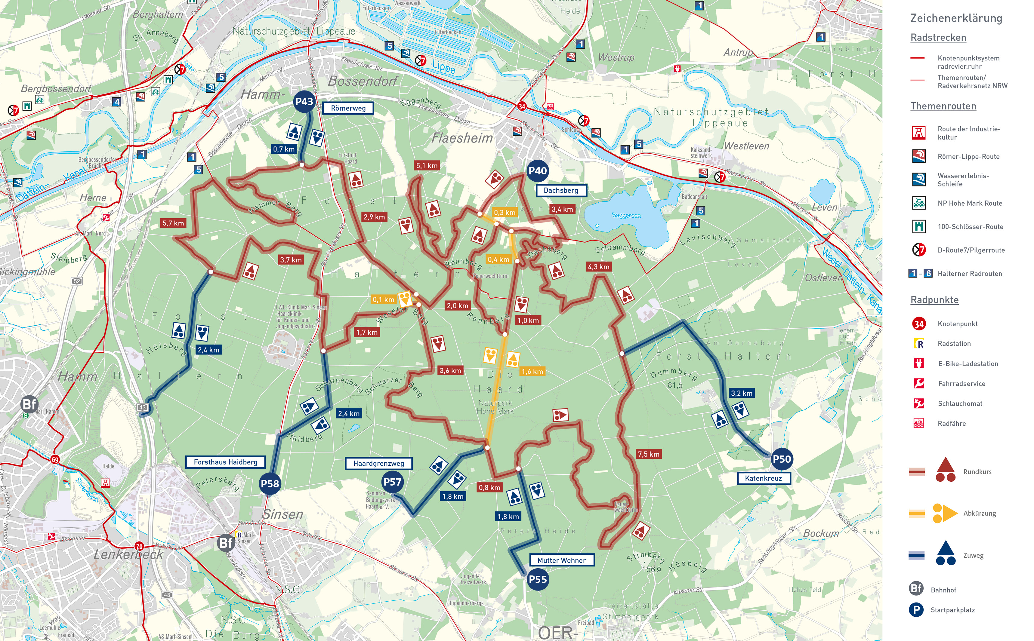 Karte: Anreise, Strecken und Wanderparkplätze zur MTB-Strecke Haard on Tour.