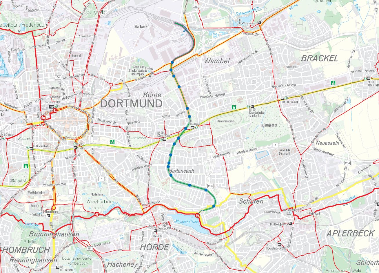 Die Bauabschnitte des Hoesch-Hafenbahn-Weges im Kontext zum Regionalen Radwegenetz.