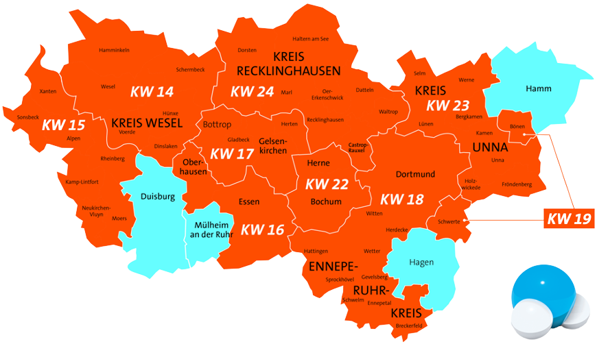 Karte zeigt die Teilregionen der Metropole Ruhr.