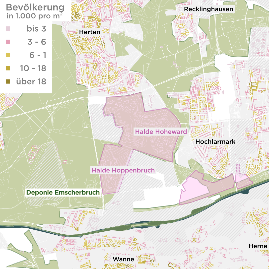 Karte mit farbcodierter Bevölkerungsdichte rund um die "Halde Hoheward" zwischen Herten, Hochlarmarkund Wanne