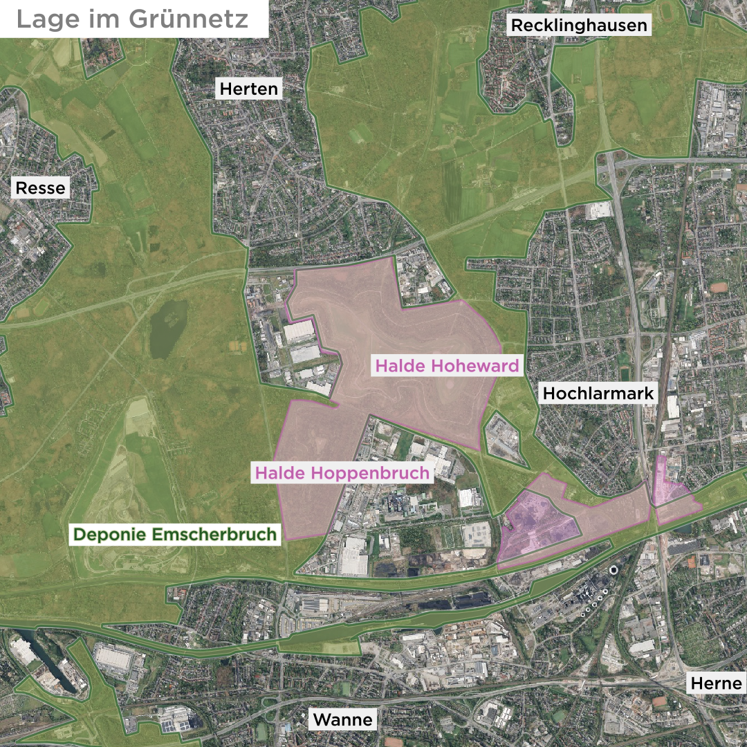 Karte "Lage im Grünnetz" mit Luftbild, Grünflächen und markierter "Halde Hoheward" im Zentrum