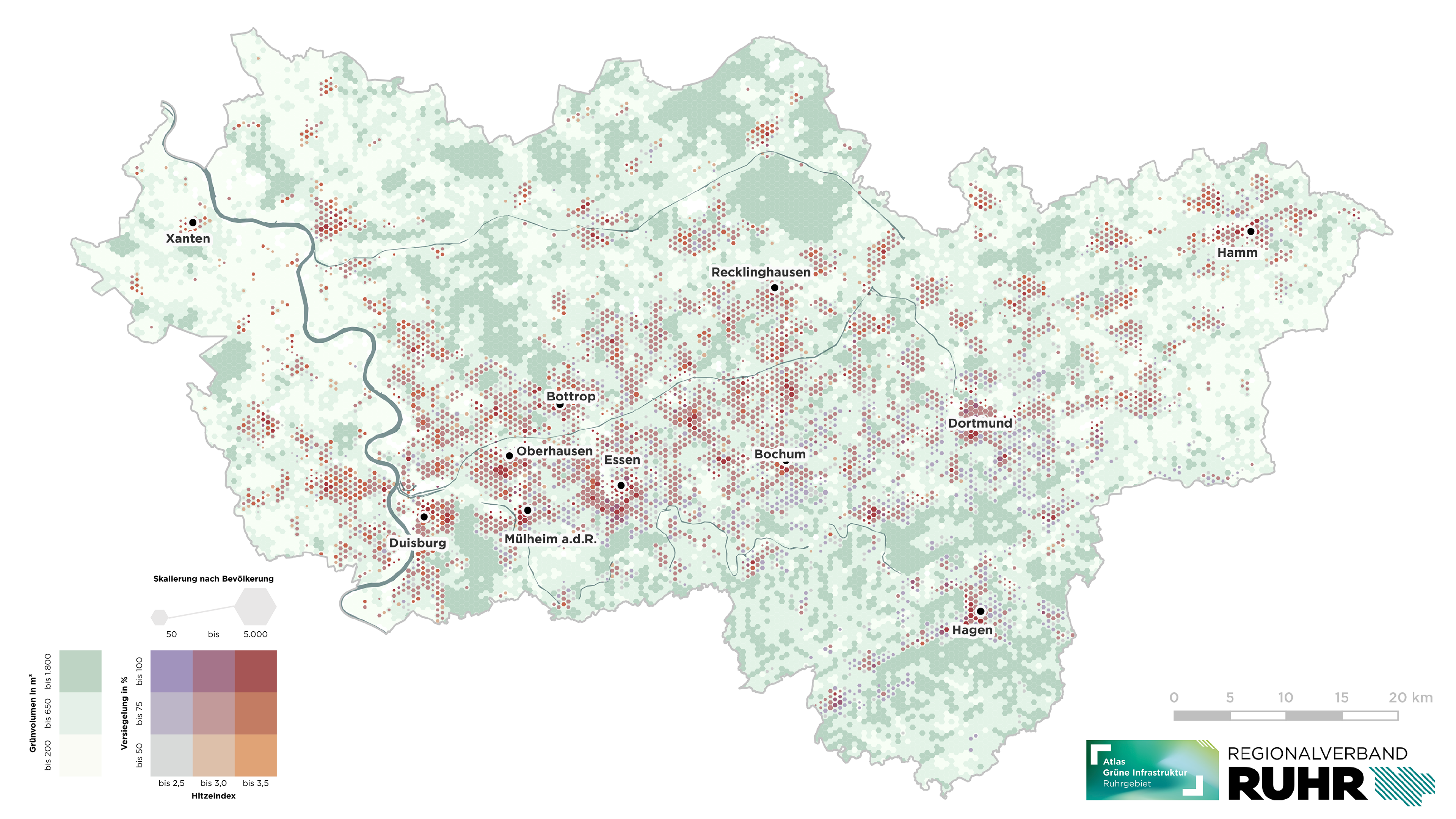 Karte des Ruhrgebiets mit farblich markierten Flächen zur Darstellung von Grünvolumen, versiegelten Flächen und Hitzebelastung in verschiedenen Intensitäten.