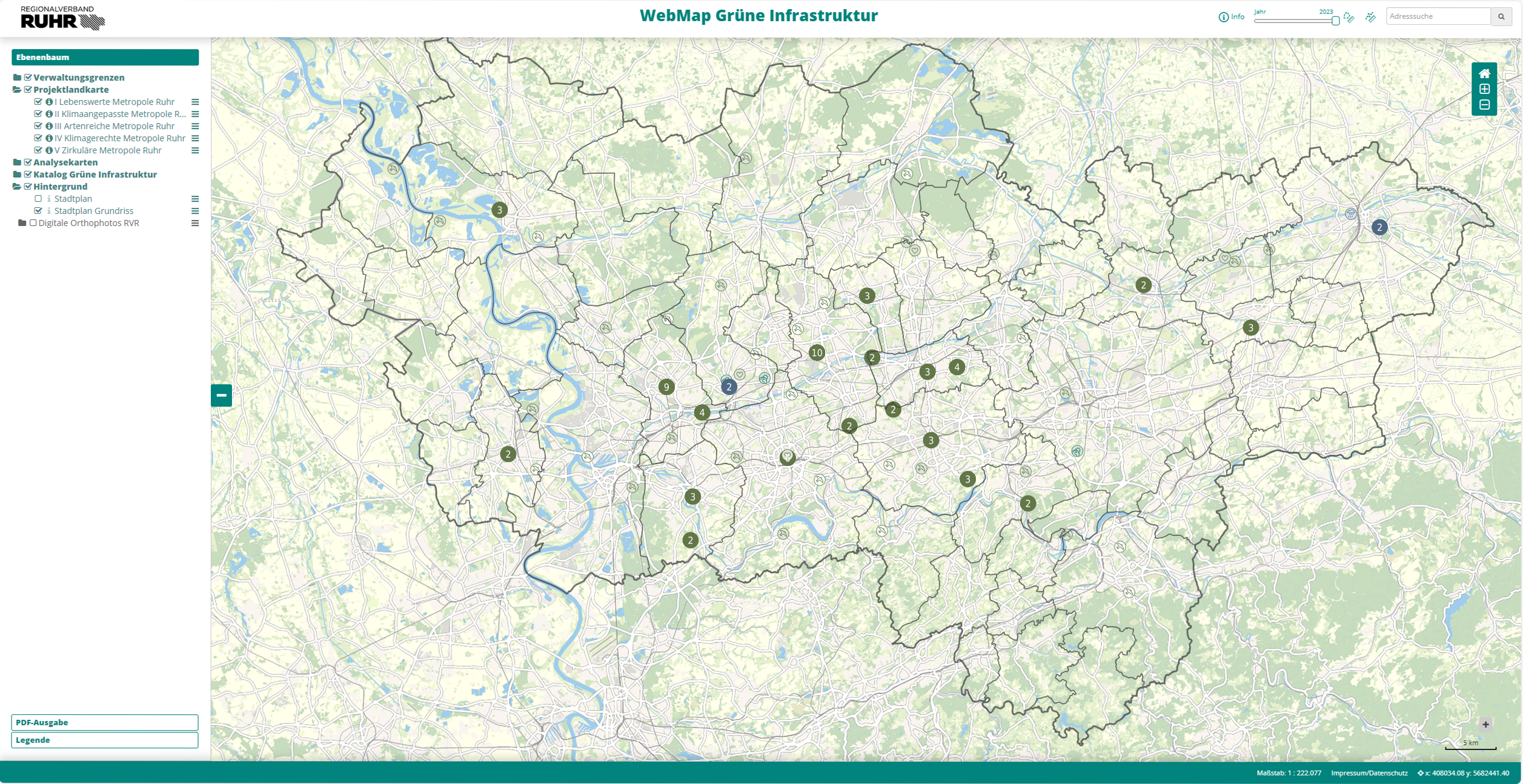 Screenshot der Projektlandkarte von der WebMap Grüne Infrastruktur