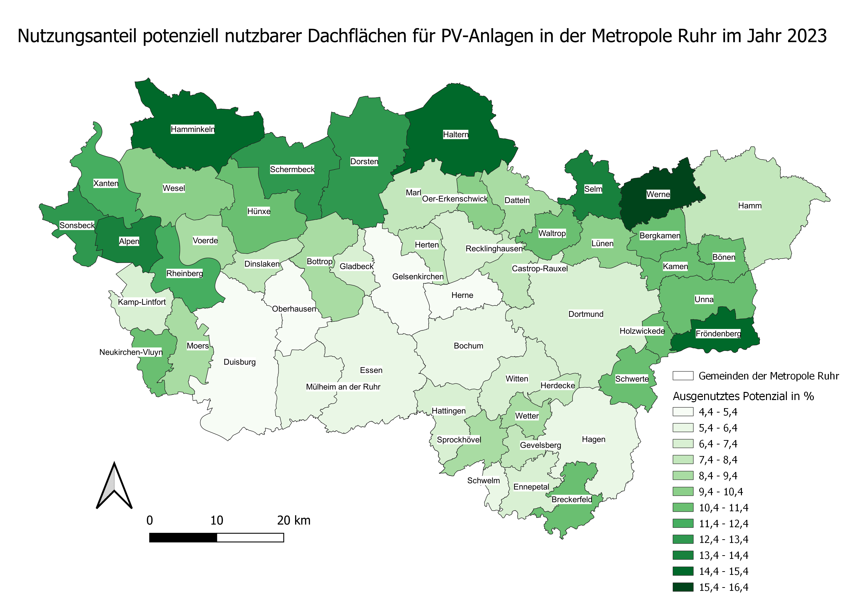 Kartendarstellung des Nutzungsanteils potenziell nutzbarer Dachflächen für Photovoltaik