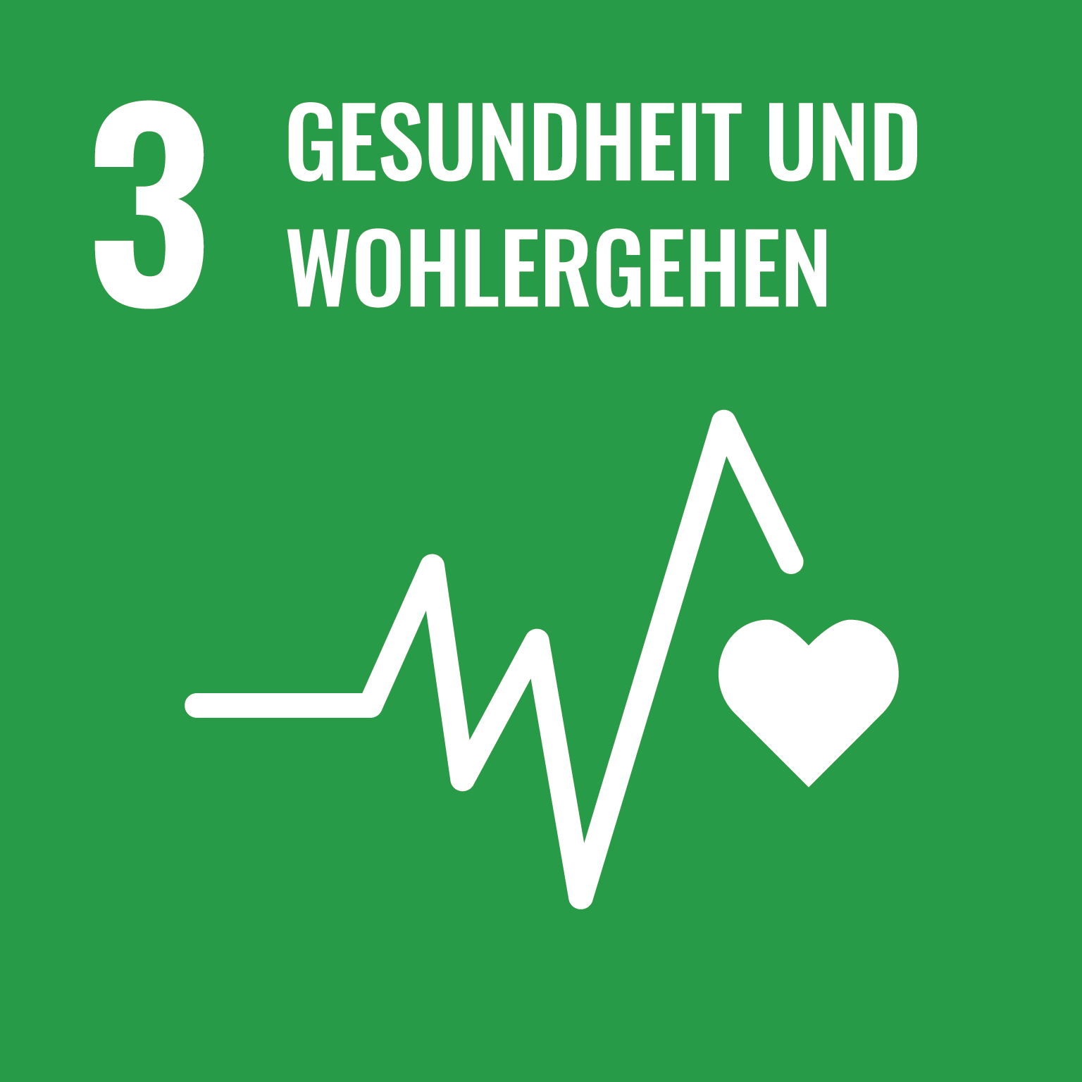 Das Icon für das Sustainable Development Goal 3 Gesundheit und Wohlergehen zeigt eine EKG Linie und ein Herz auf grünem Grund