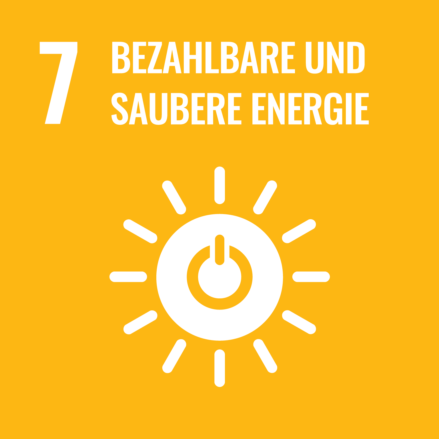 Das Icon für das Sustainable Development Goal 7 Bezahlbare und saubere Energie zeigt eine weiße Sonne auf gelbem Grund