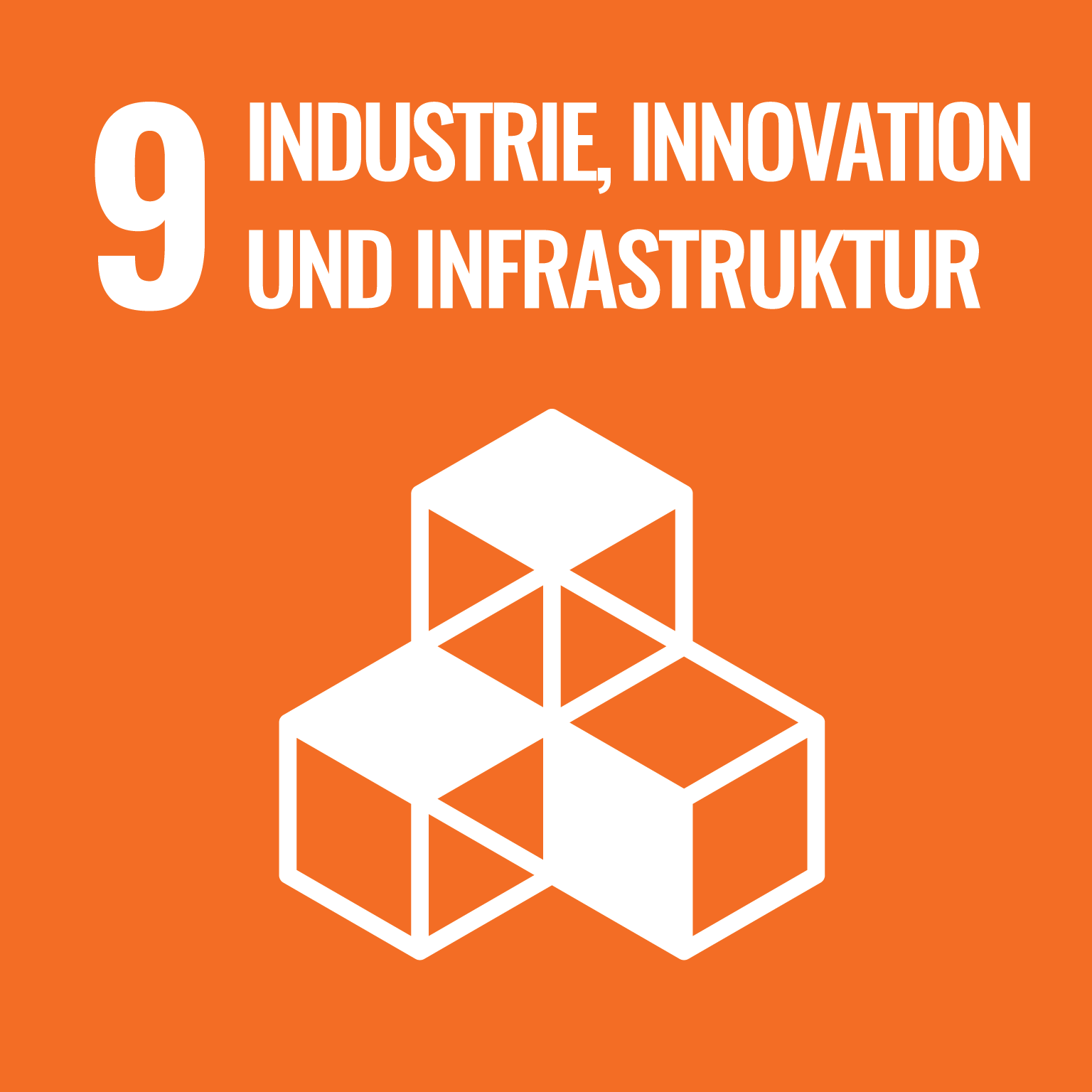 Das Icon für das Sustainable Development Goal 9 Industrie, Innovation und Infrastruktur zeigt 3 gestapelte Würfel auf orangem Grund