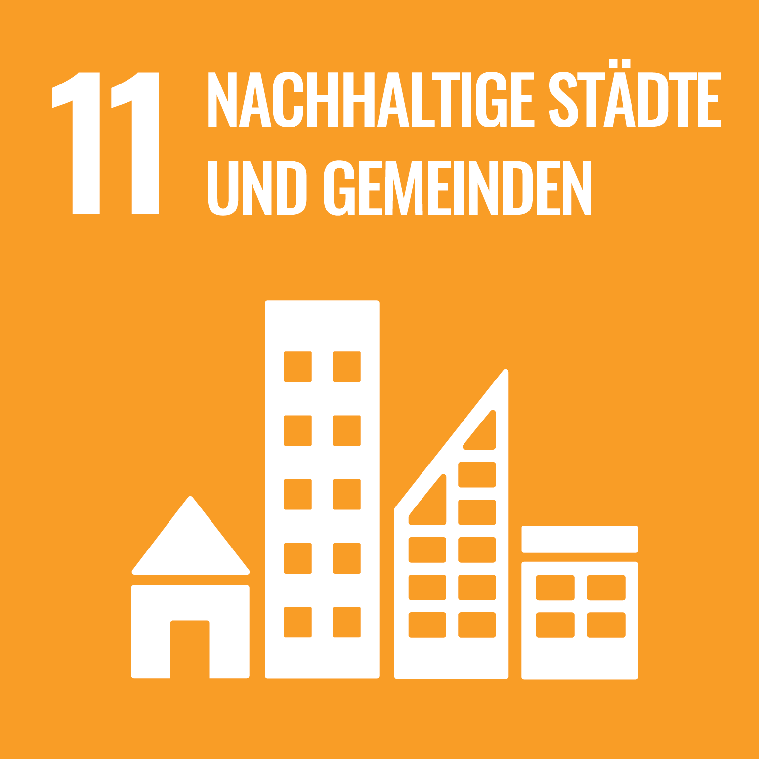 Das Icon für das Sustainable Development Goal Nr 11 Nachhaltige Städte und Gemeinden stellt vier unterschiedliche Häuserfassaden vor orangenem Hintergrund darf 