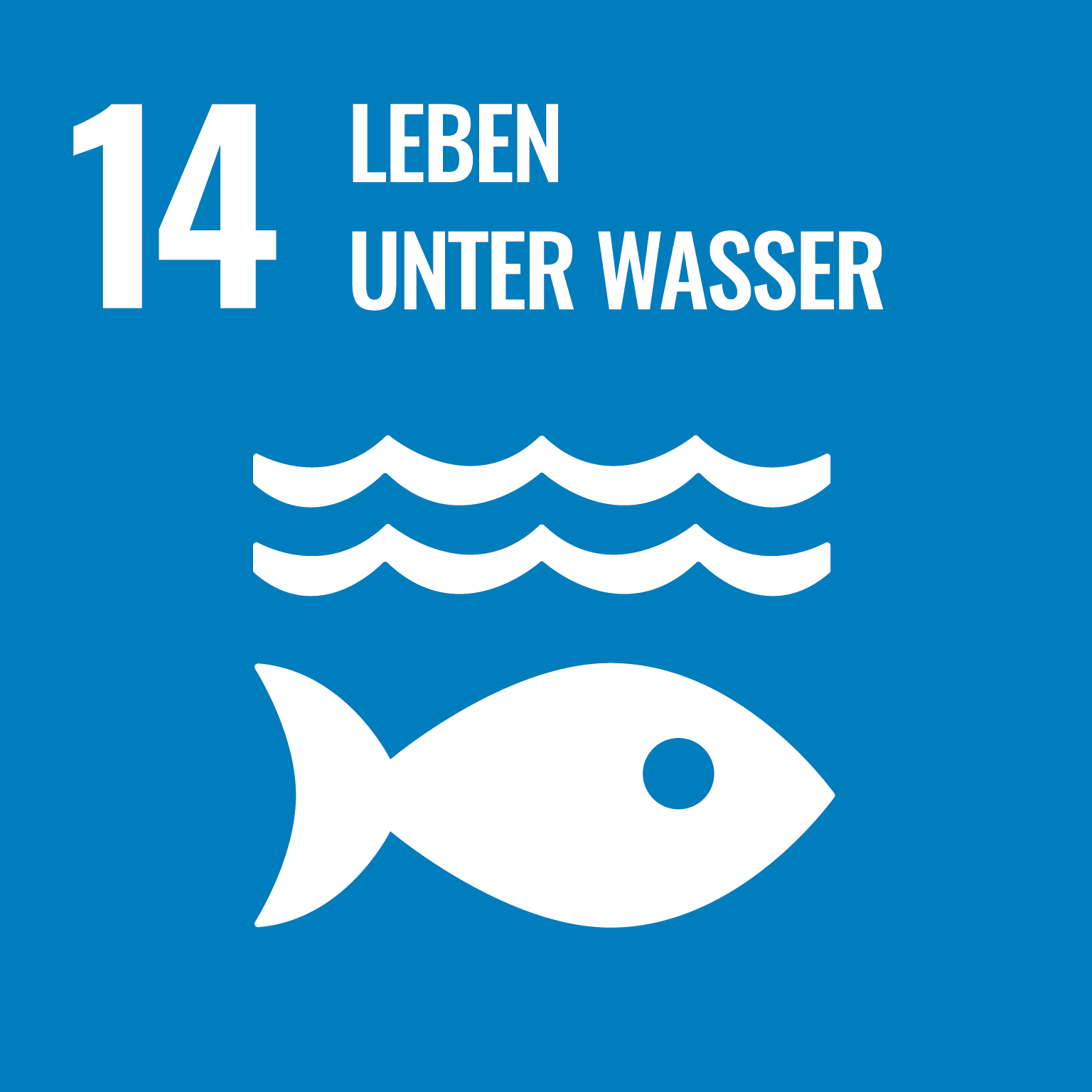 Das Icon für das Sustainable Development Goal 14 Leben unter Wasser stellt einen Fisch unter Wellen vor blauem Hintergrund dar