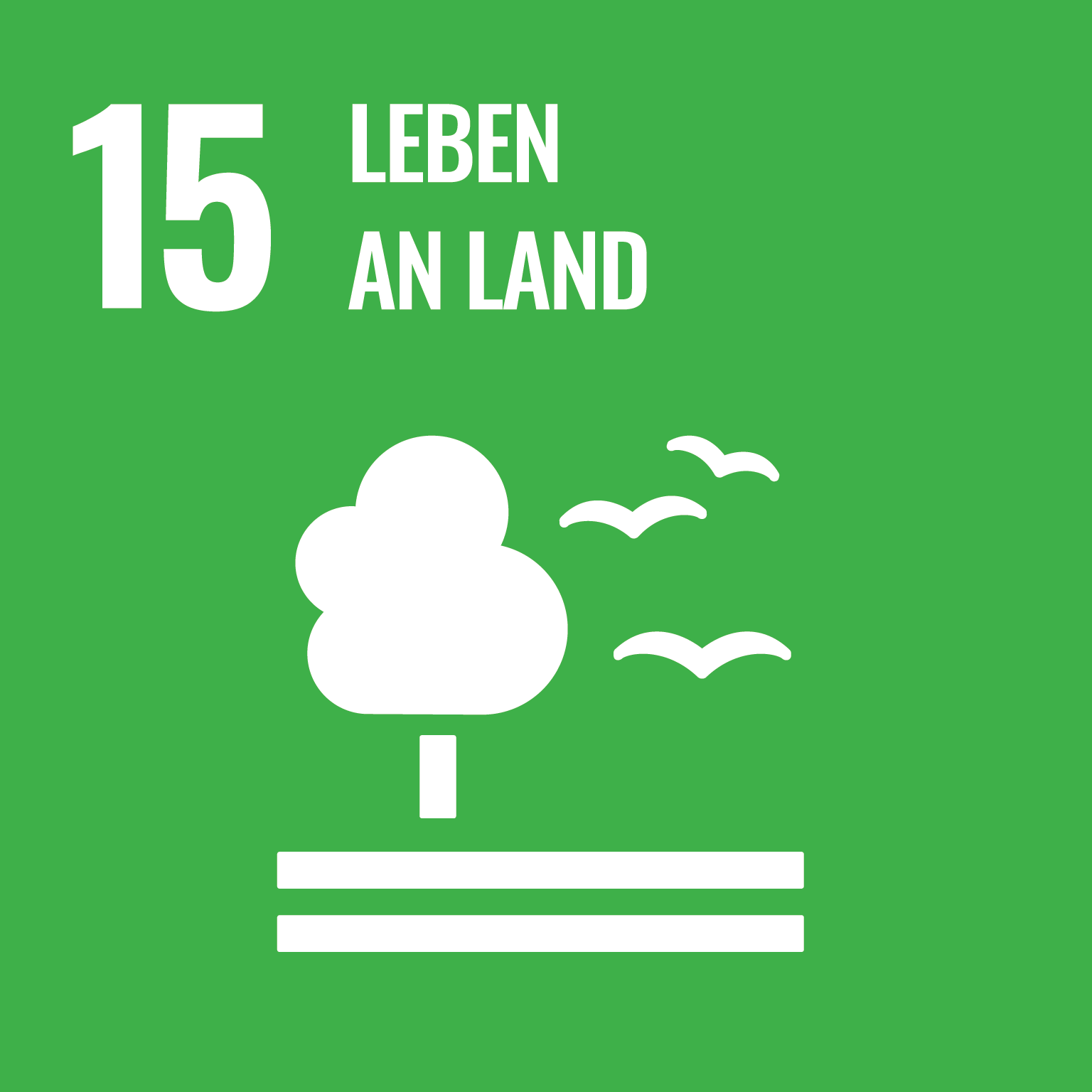 Das Icon für das Sustainable Development Goal Nr. 15 - Leben an Land stellt einen schematischen Baum mit drei Vögeln, zwei Erd- und Bodenschichten vor grünem Hintergrund dar