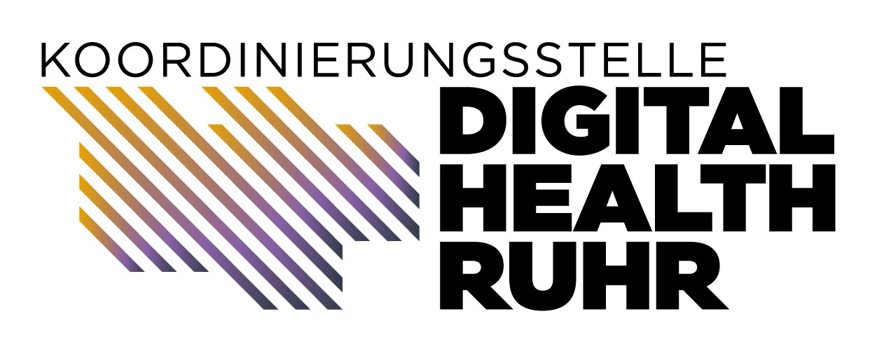 Logo mit einer Schraffur, in Form der Gebietskulisse des Ruhrgebiets und der Aufschrift Koordinierungsstelle Digital Health Ruhr