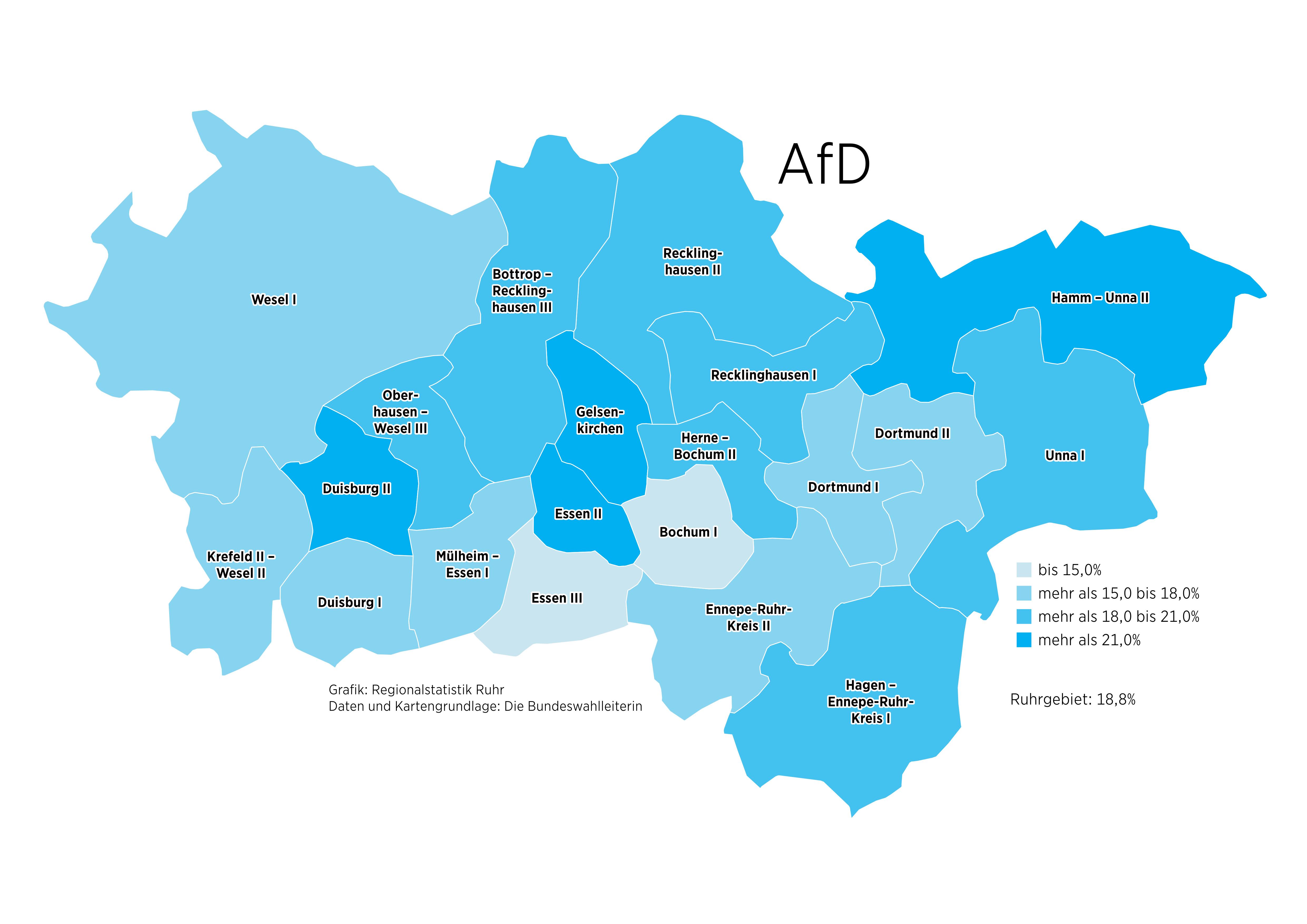 Karte des Ruhrgebiets mit Stimmenanteilen für die AfD bei der Bundestagswahl 2025