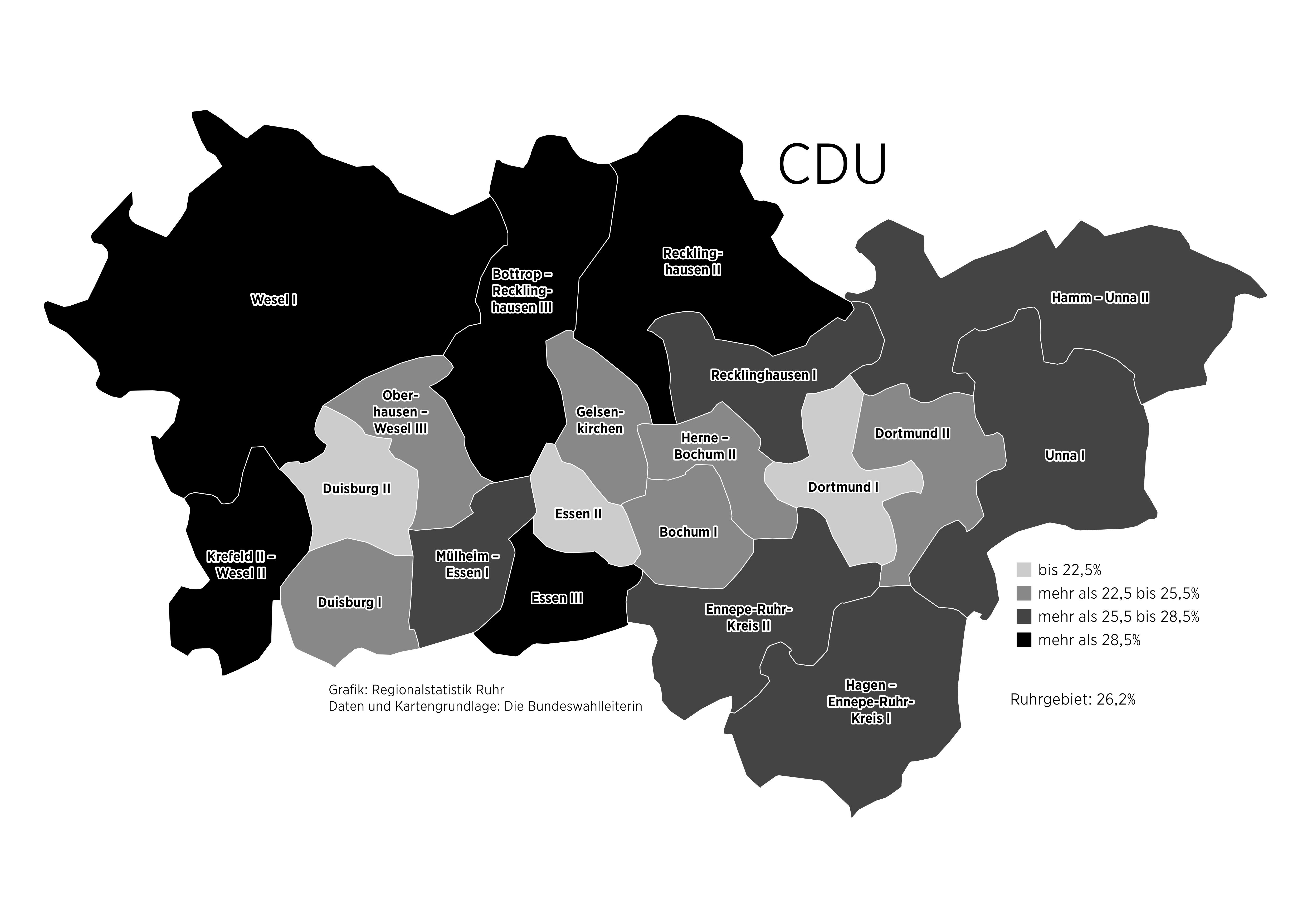 Karte des Ruhrgebiets mit Stimmenanteilen für die CDU bei der Bundestagswahl 2025