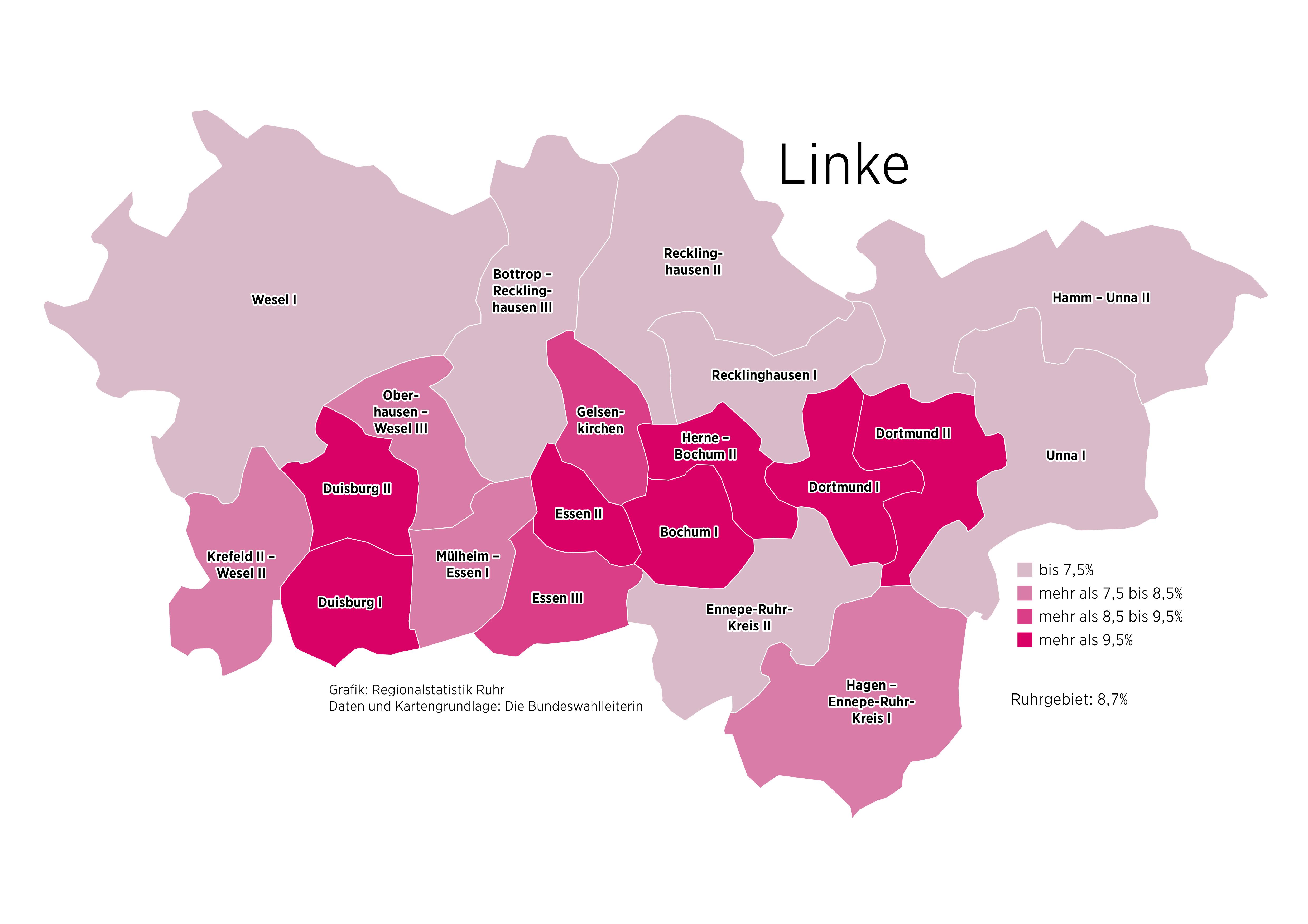 Karte des Ruhrgebiets mit Stimmenanteilen für die Linke bei der Bundestagswahl 2025