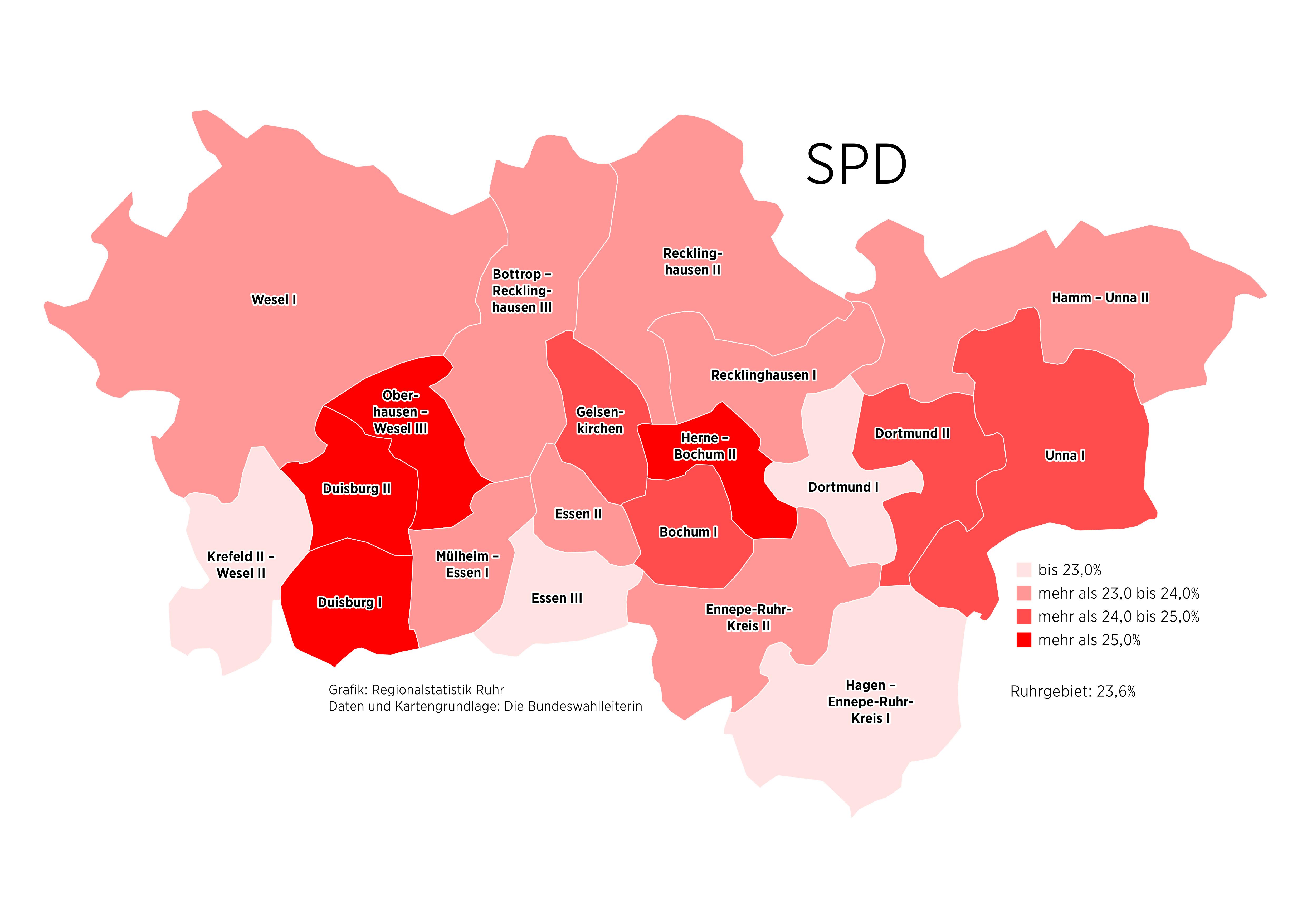 Karte des Ruhrgebiets mit Stimmenanteilen für die SPD bei der Bundestagswahl 2025
