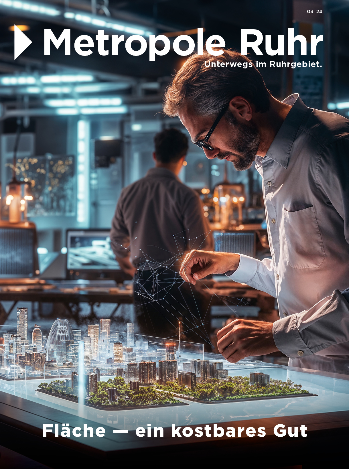 Forscher im Labor, der auf ein künstliches Modell einer Stadt blickt. 