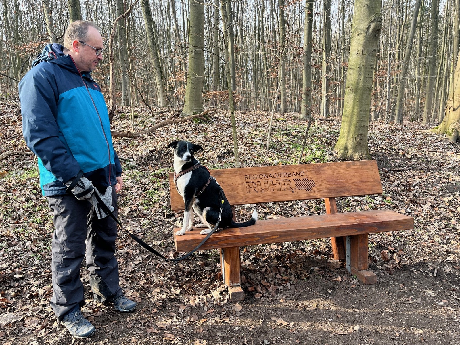 Hund sitzt angeleint auf einer Holzbank. Daneben sein Herrchen.