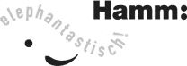 Logo der Stadt Hamm mit dem Schriftzug Hamm gefolgt von einem Doppelpunkt und dem Zusatz "elephantastisch!" in s/w