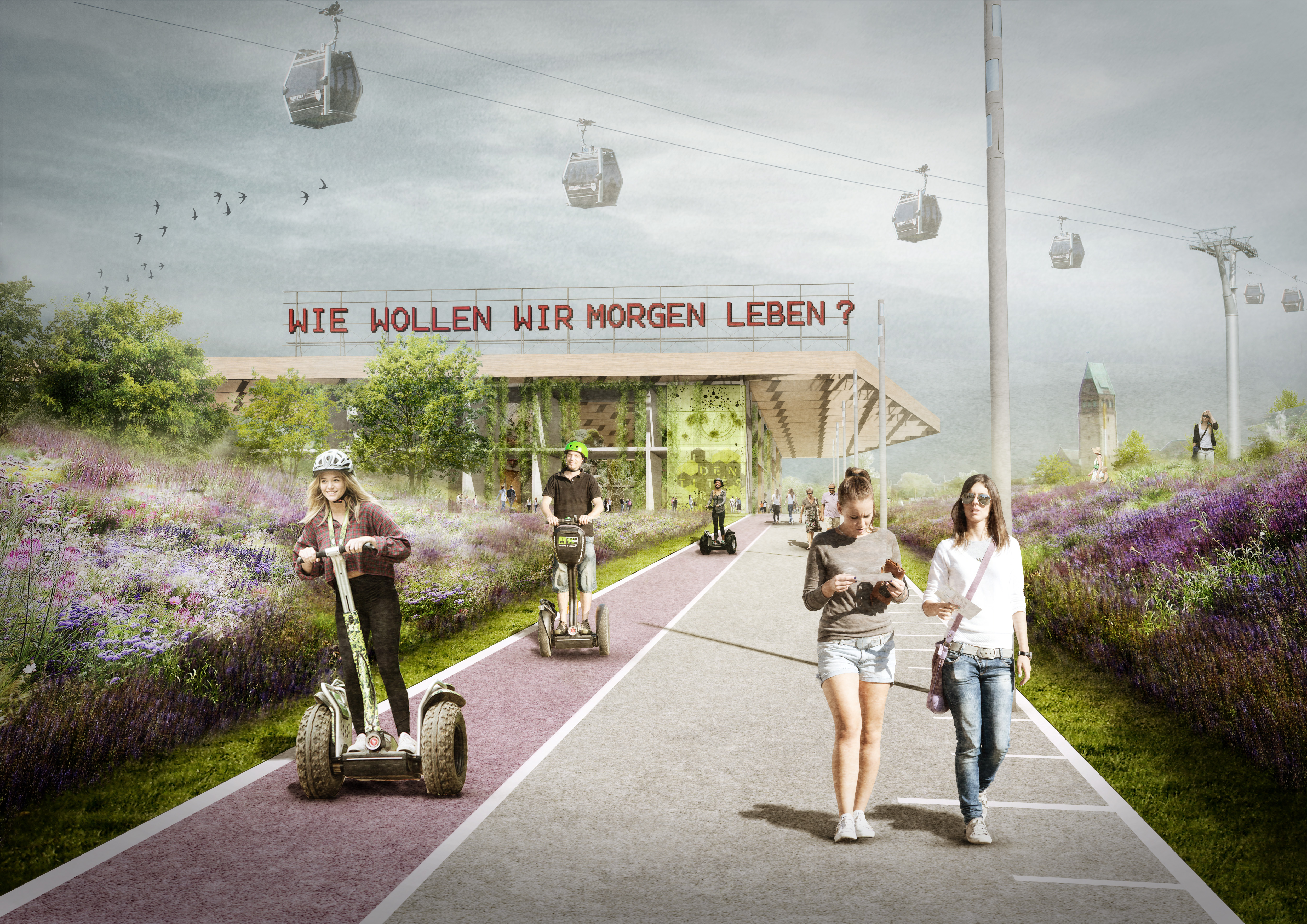 Architekturvisualisierung des Außengeländes der IGA 2027 in Duisburg mit Spaziergängern und Segway-Fahrern.