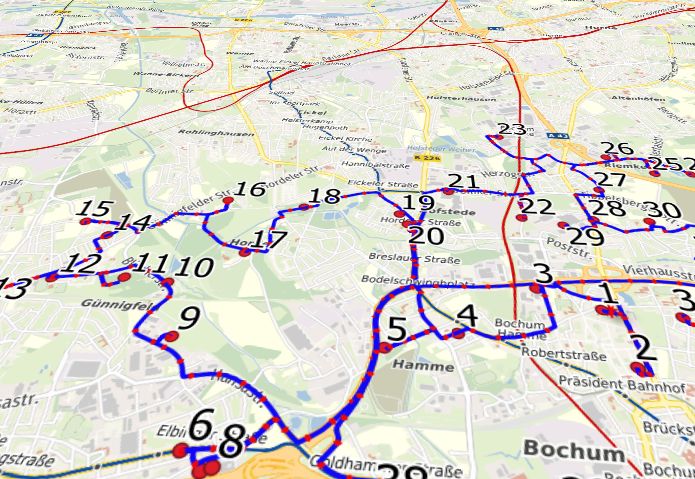 Screenshot zum Routenplaner, den der Regionalverband Ruhr kostenfrei den kommunalen Verwaltungen und Hilfsorganisationen in der Region zur Bewältigung der Corona-Krise bereitstellt. Abb.: RVR