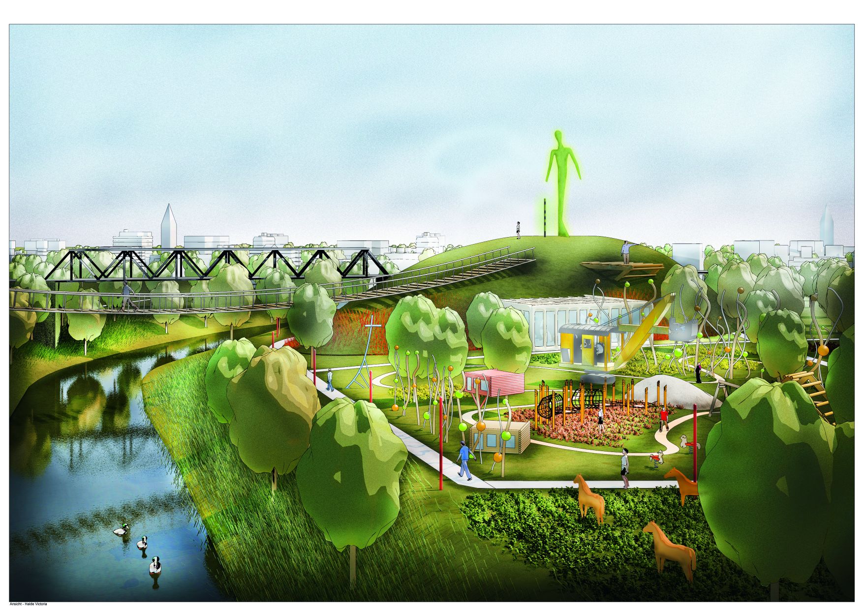 Entwurfsgrafik vom Zukunftsgarten Bergkamen/Lünen für die Internationale Gartenausstellung IGA 2027 in der Metropole Ruhr. Grafik: ARGE Landschaft planen +bauen GmbH.